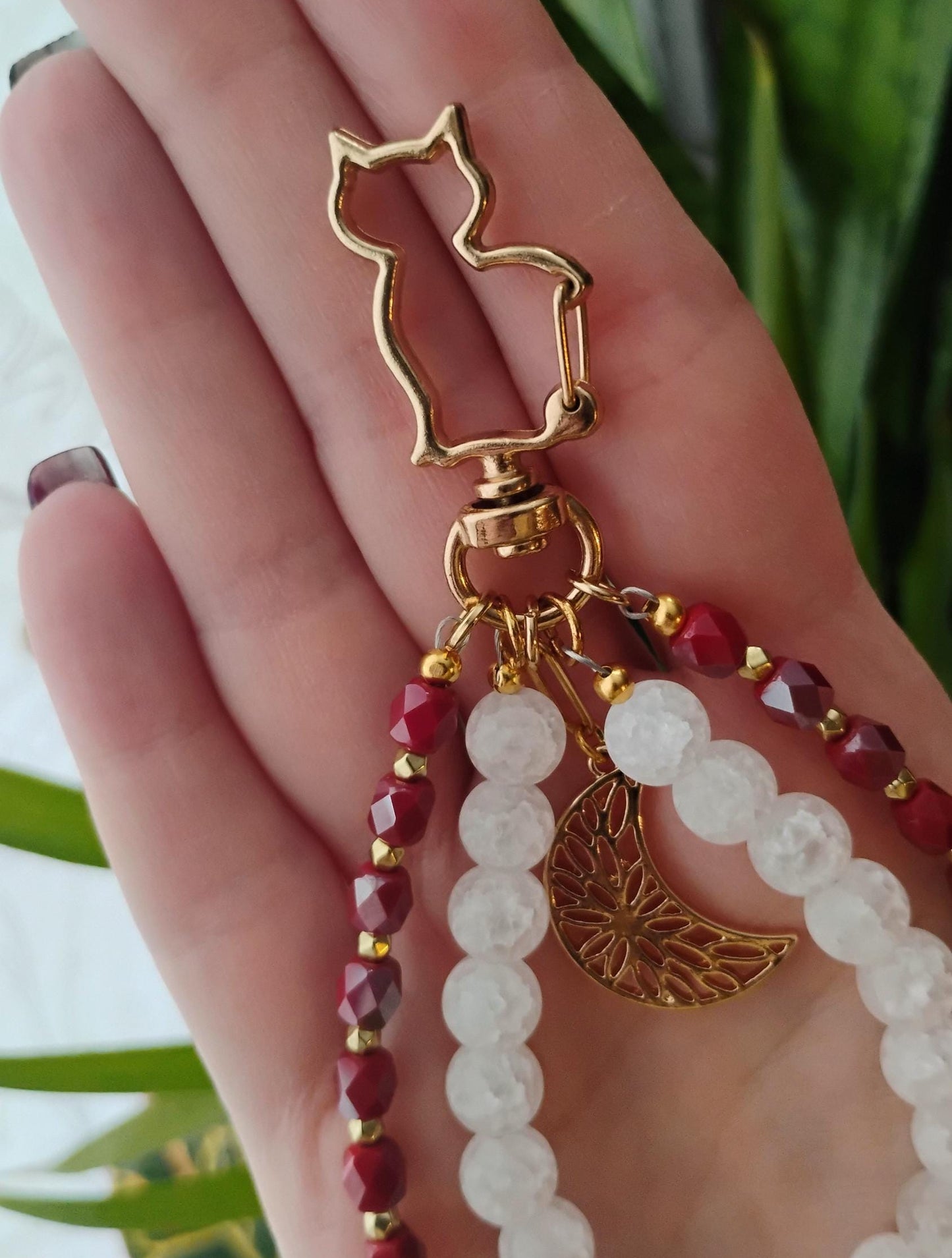 Red & White Cat Bag Charm Purse Jewelry, Crackle Quartz Keychain