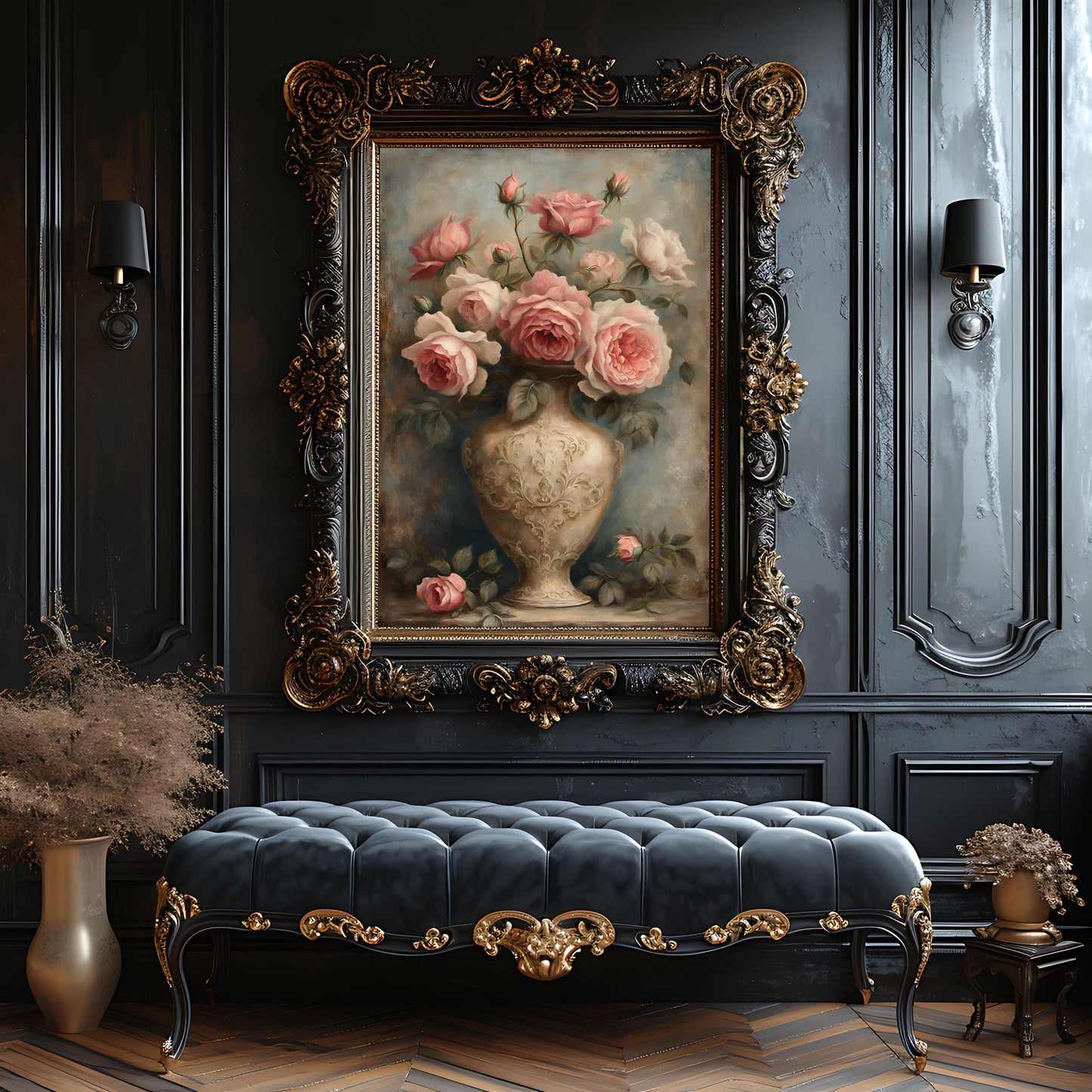 Pink Rose Still Life Art Print: Rococo Botanical Wall Hanging