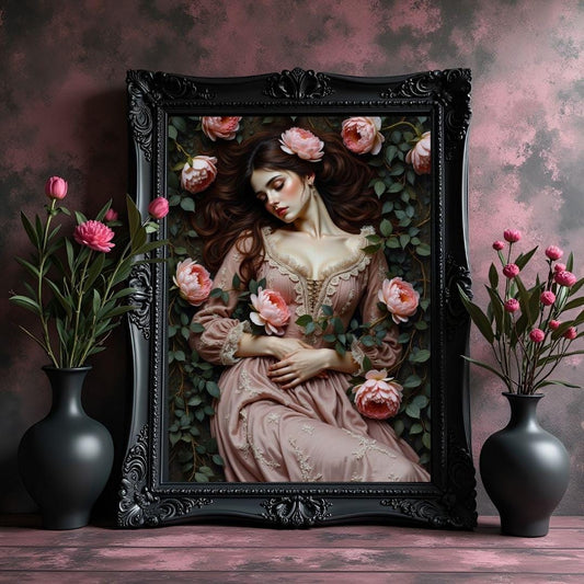 Victorian Woman Laying in a Meadow Art Print: Dark Academia Decor