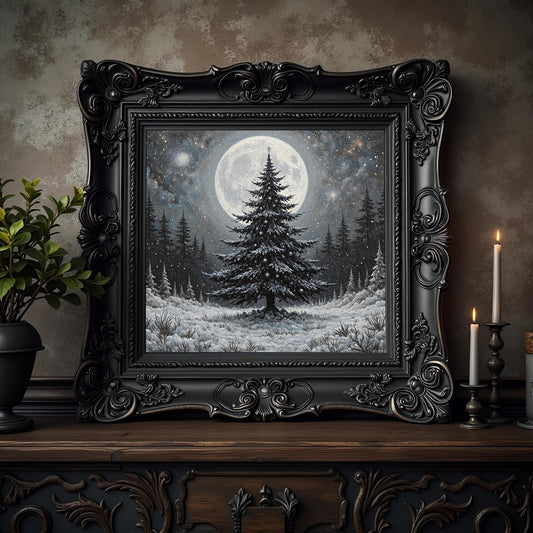 Gothic Christmas Tree Print: Yule Tree Under a Full Moon, Holiday Decor