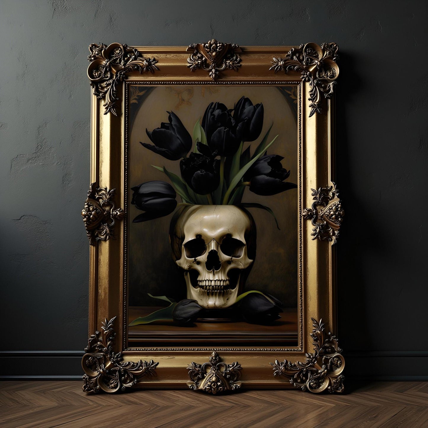 Skull Vase With Black Tulips Art Print: Dark Academia Wall Decor