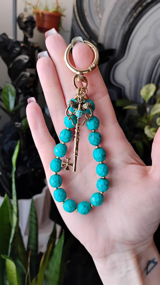 Gold Tone Bee and Key Purse Charm with Faceted Faux Turquoise Stone Beads