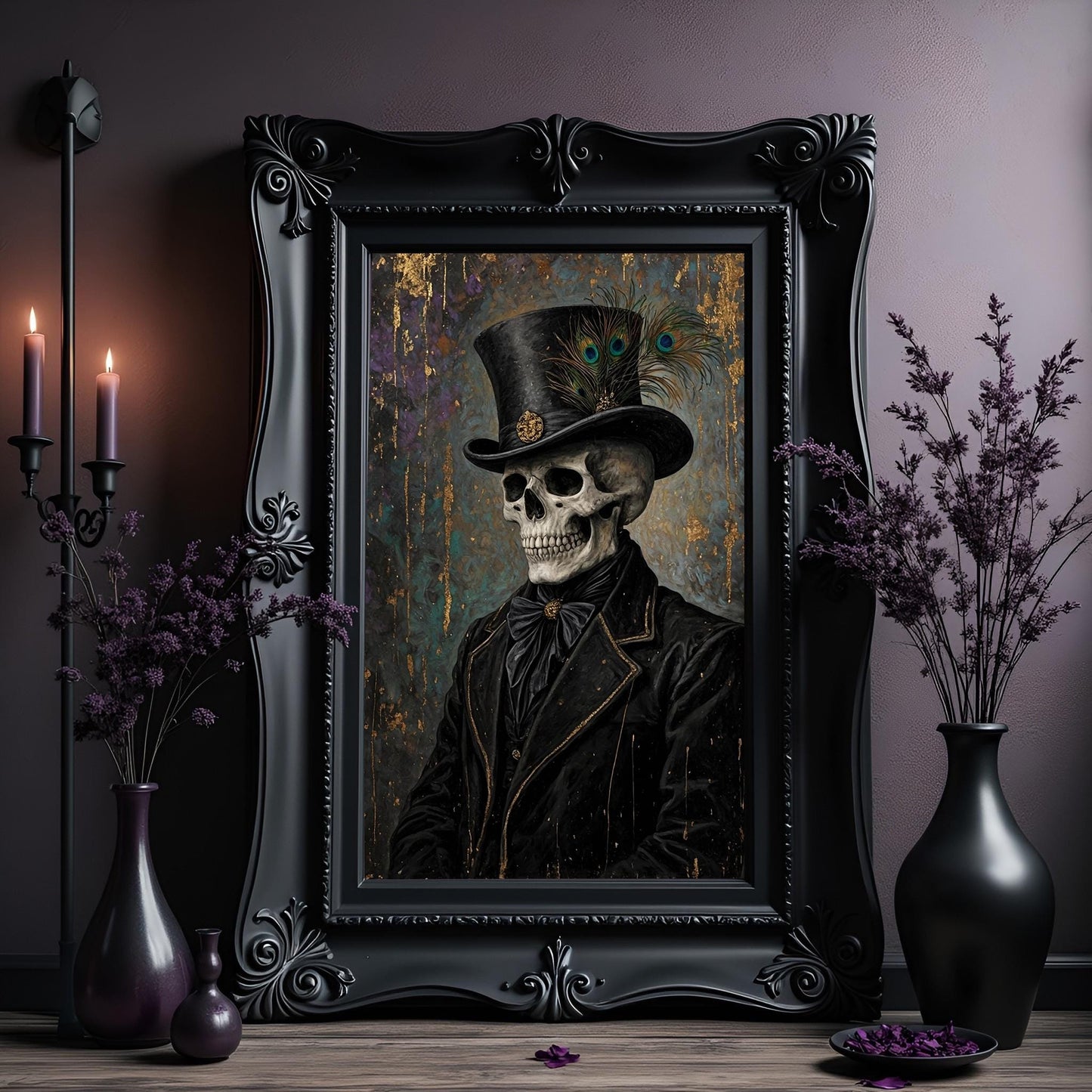 Skeleton Wearing a Top Hat Art Print: Gothic Macabre Decor