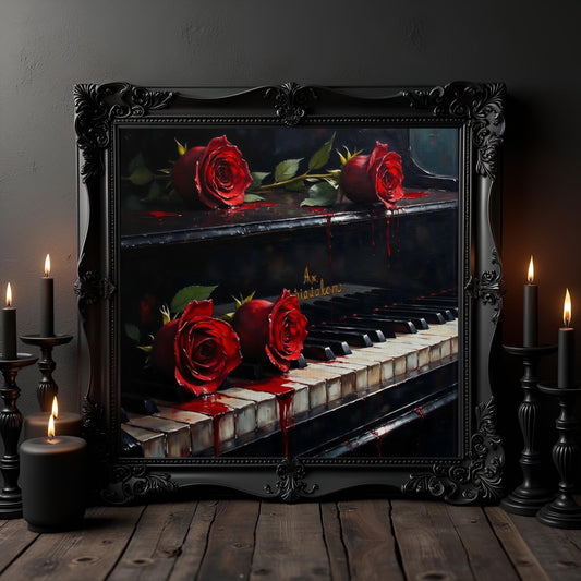 Red Roses on Piano Keys Art Print: Dark Academia Home Decor