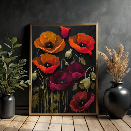 Poppy Flowers Art Print: Dark Botanical Wall Hanging