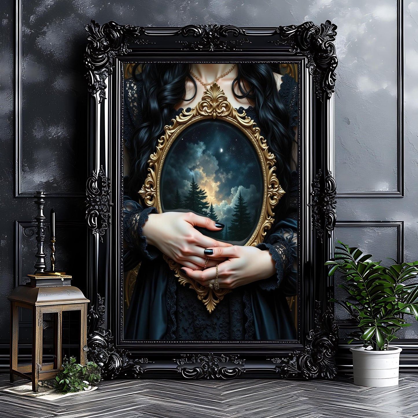 Cosmic Forest Reflections Art Print: Celestial Gothic Decor