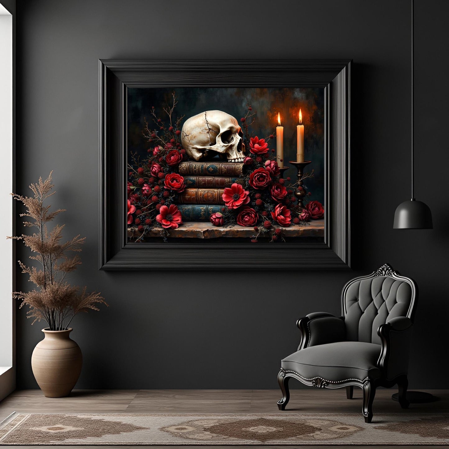 Skull Sitting on Books Art Print: Gothic Dark Academia Home Decor
