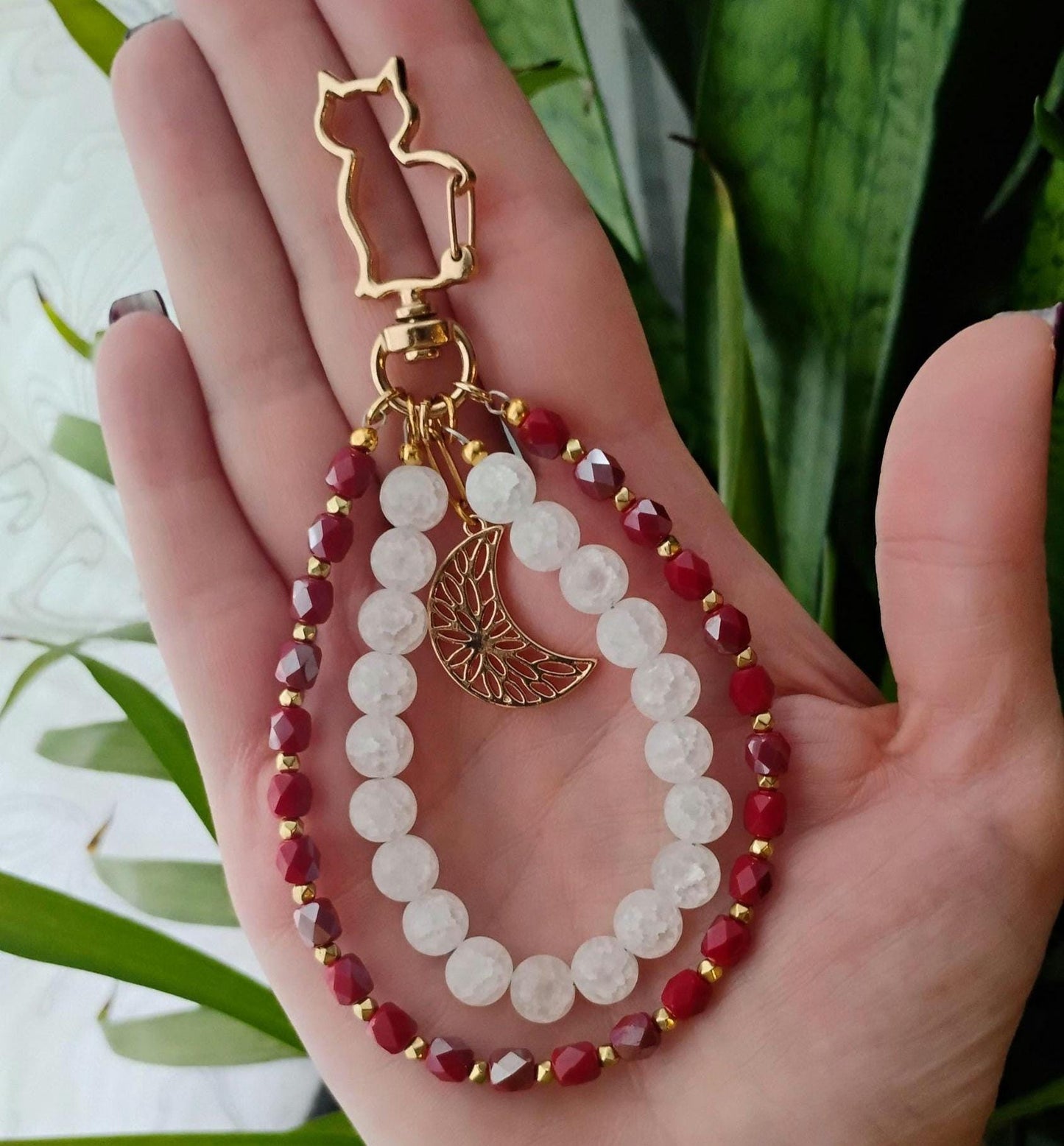 Red & White Cat Bag Charm Purse Jewelry, Crackle Quartz Keychain