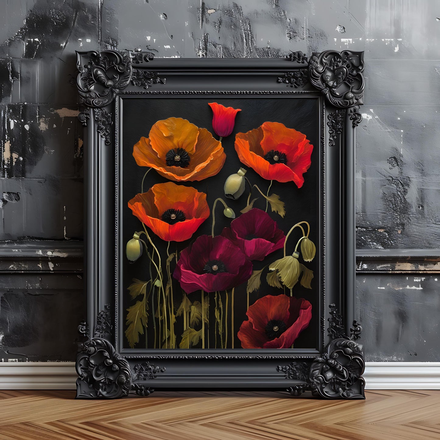 Poppy Flowers Art Print: Dark Botanical Wall Hanging