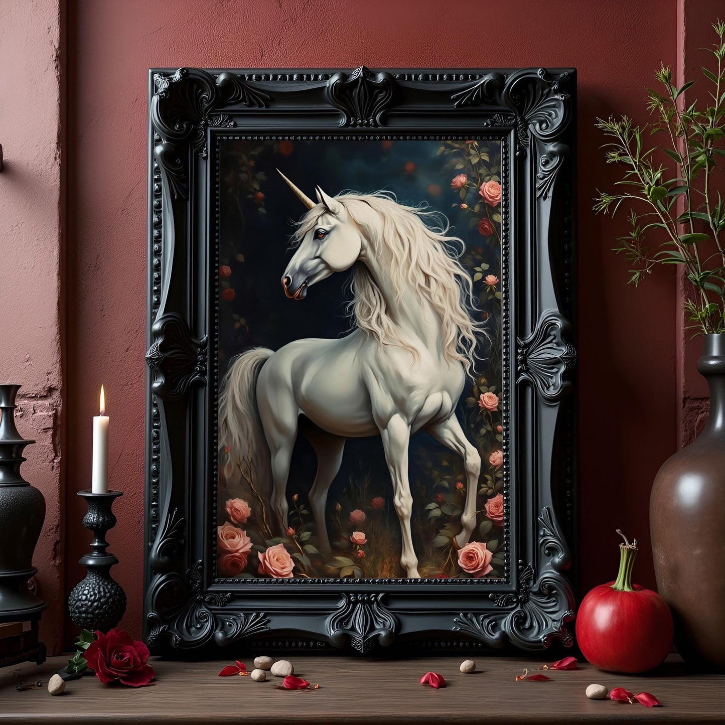White Unicorn Floral Artwork: Fantasy Home Decor Print