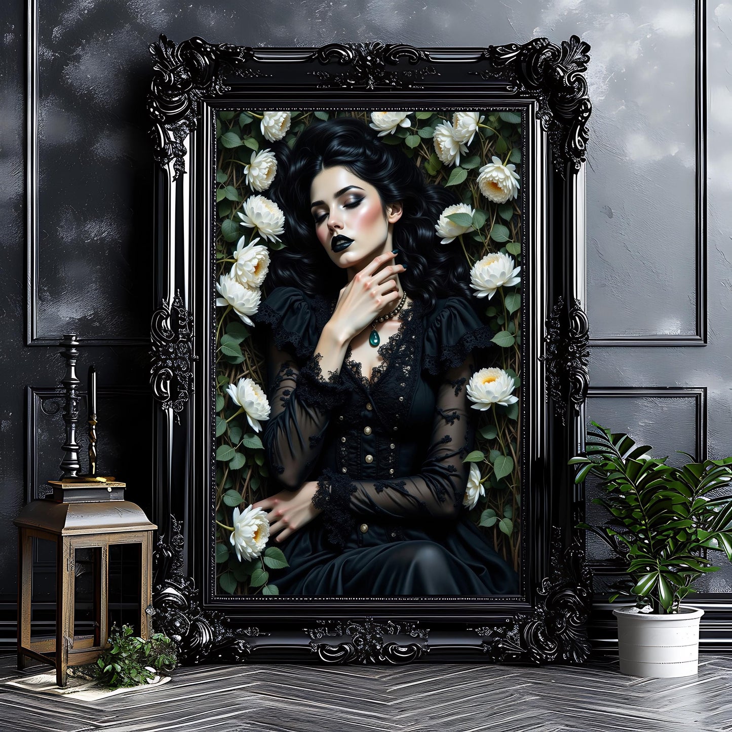 Gothic Woman in White Flowers Art Print: Alternative Goth Victorian Decor