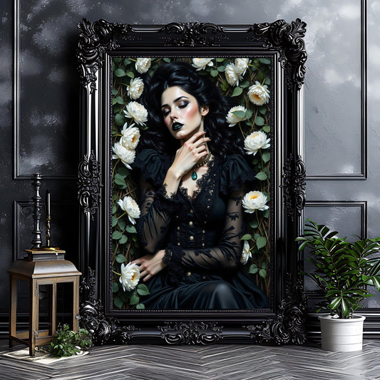 Gothic Woman in White Flowers Art Print: Alternative Goth Victorian Decor