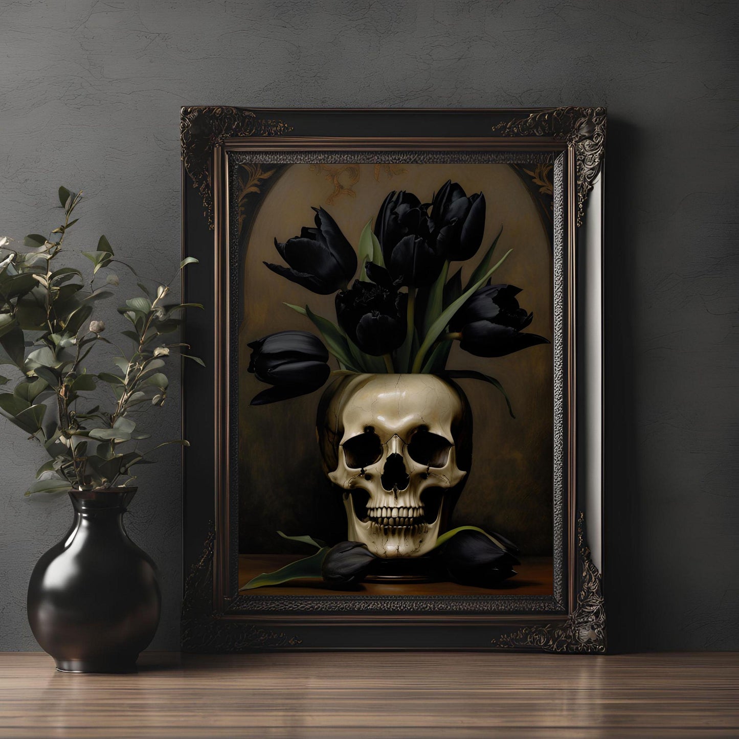 Skull Vase With Black Tulips Art Print: Dark Academia Wall Decor