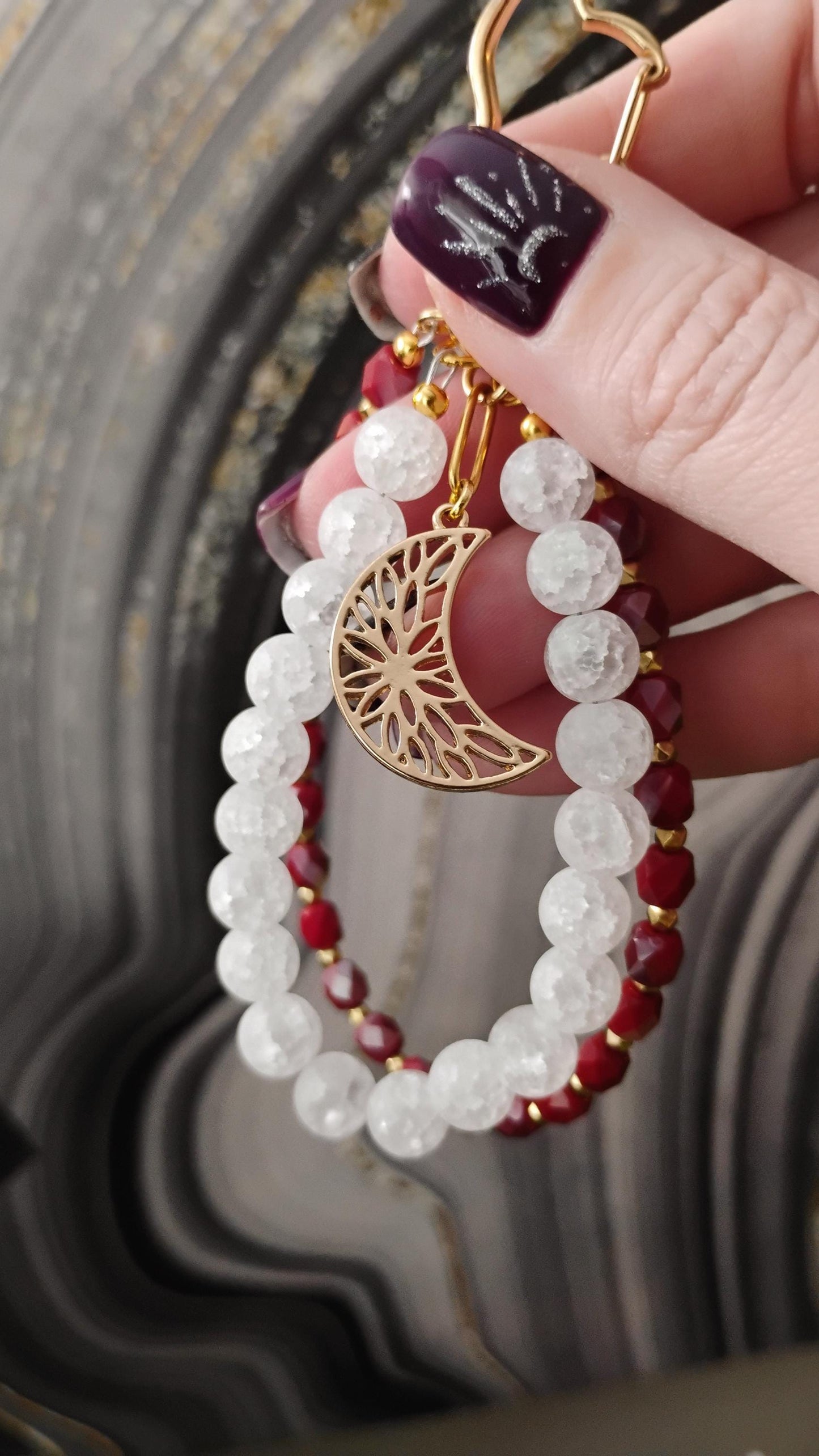 Red & White Cat Bag Charm Purse Jewelry, Crackle Quartz Keychain