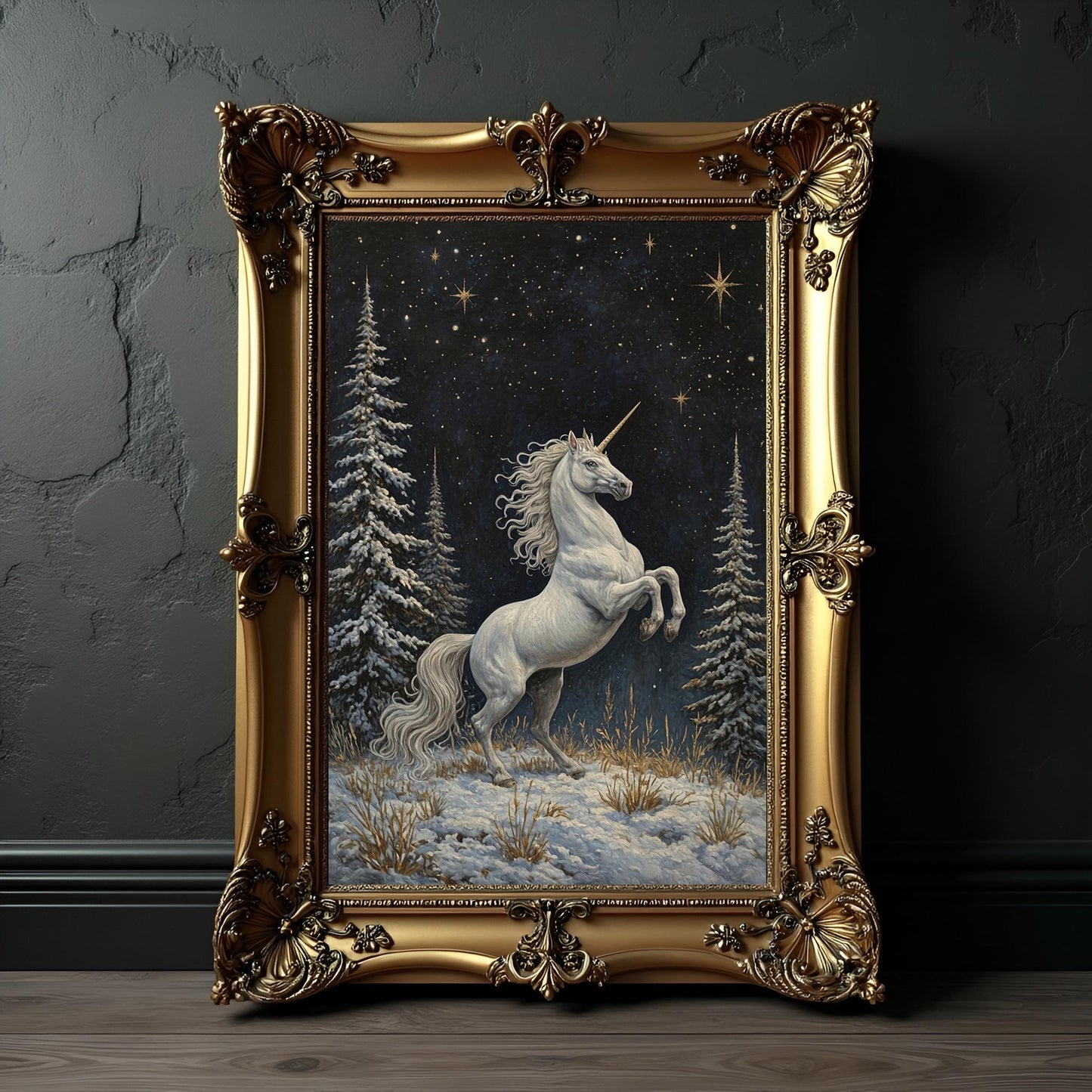 White Unicorn in a Snowy Pine Meadow Art Print: Winter Decor For Unicorn Lovers
