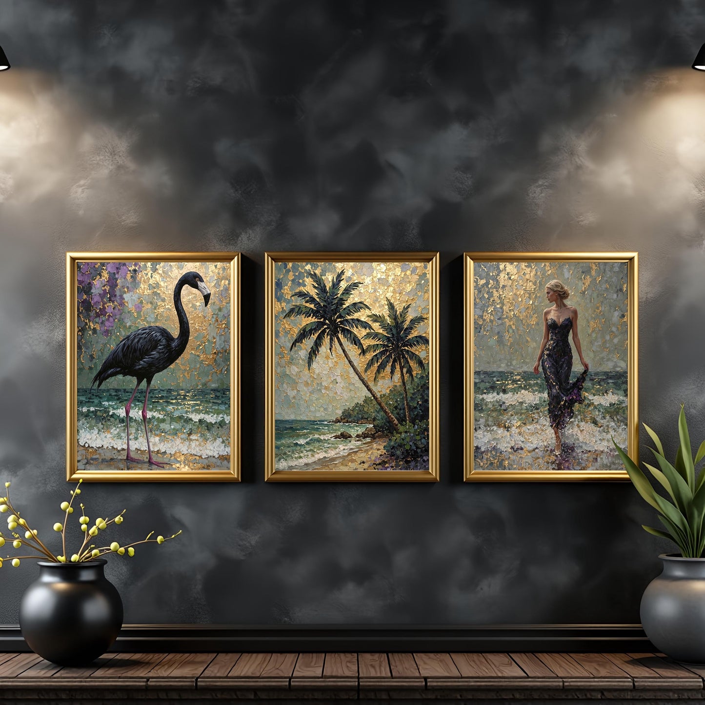 Black Flamingo Abstract Art Print: Purple, Green & Gold Tropical Decor