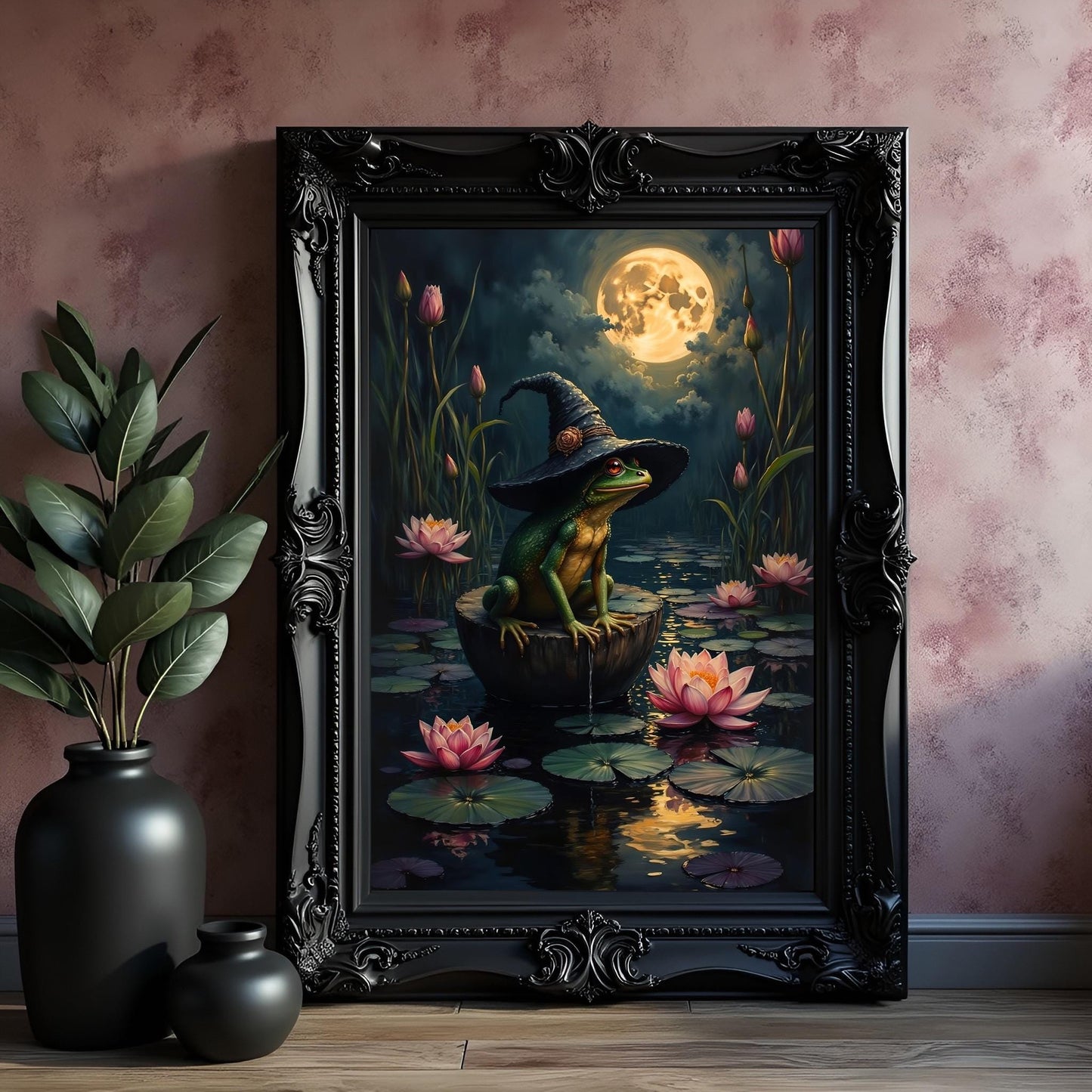 Witchy Frog Art Print: Moonlit Toad with Witch Hat