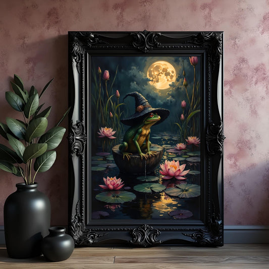 Witchy Frog Art Print: Moonlit Toad with Witch Hat