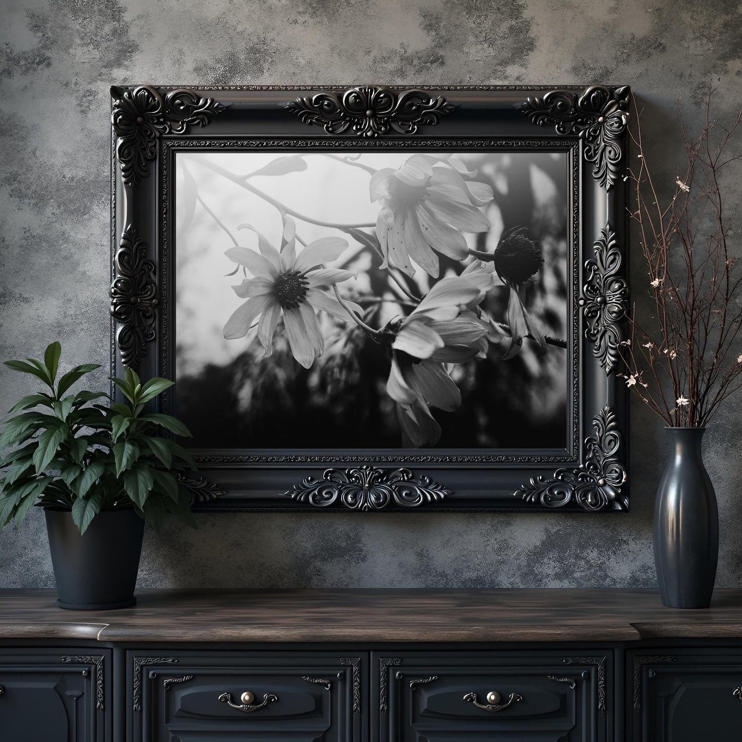 Black and White Floral Photography Print: Dark Botanical Wall Art