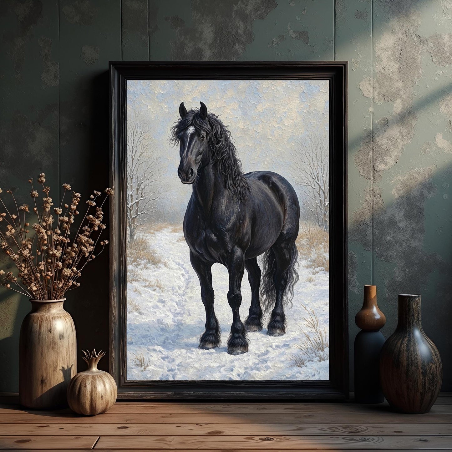 Black Horse Portrait Art Print: Winter Snow Scene For Horse Lovers