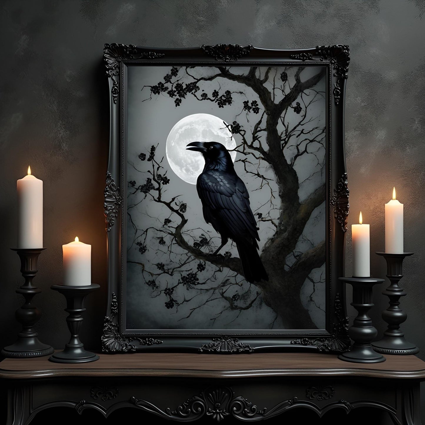 Black Crow Moon Art Print: Gothic Wall Hanging