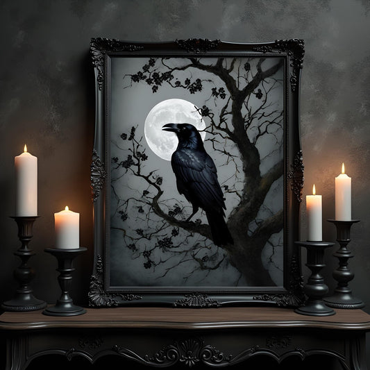 Black Crow Moon Art Print: Gothic Wall Hanging