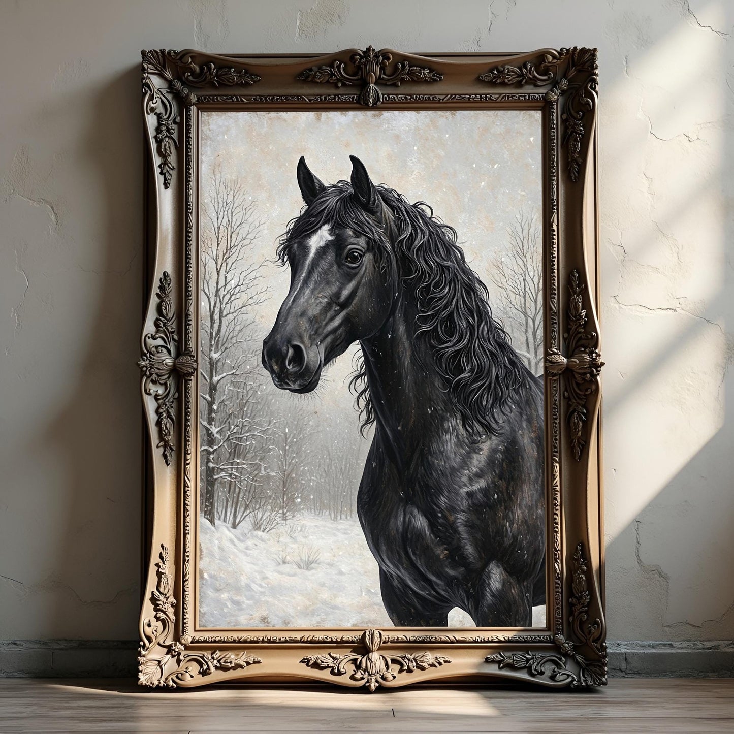 Black Horse Portrait Art Print: Winter Snow Scene