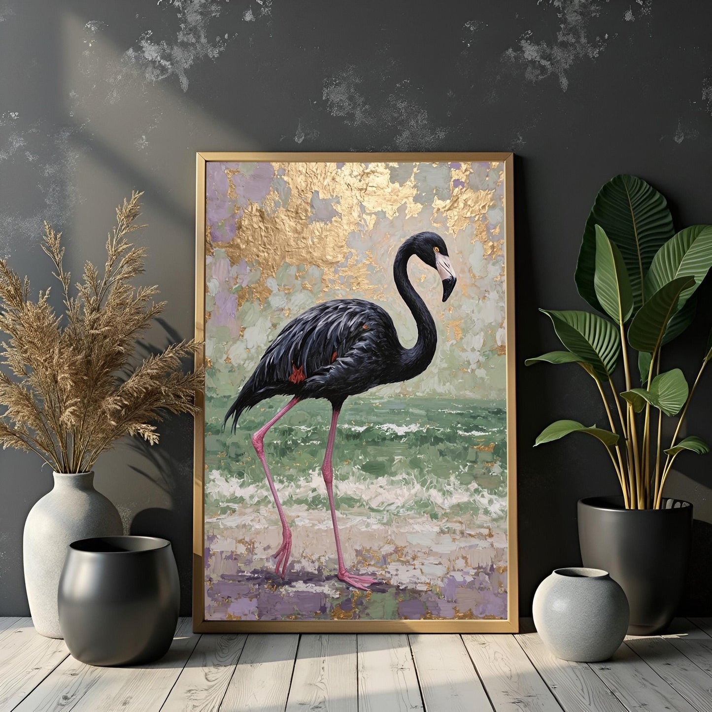 Black Flamingo Abstract Art Print: Purple, Green & Gold Tropical Decor