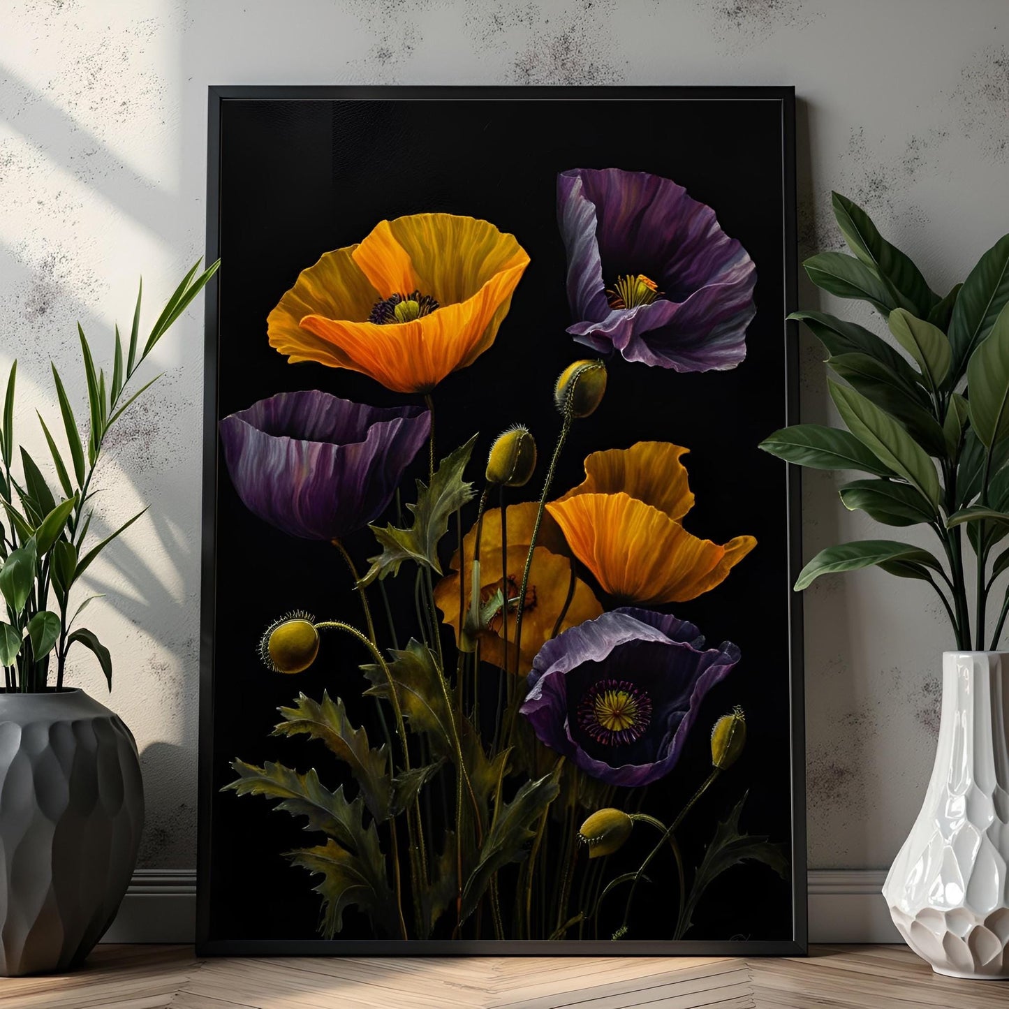 Purple & Yellow Poppy Floral Art Print: Dark Botanical Wall Hanging
