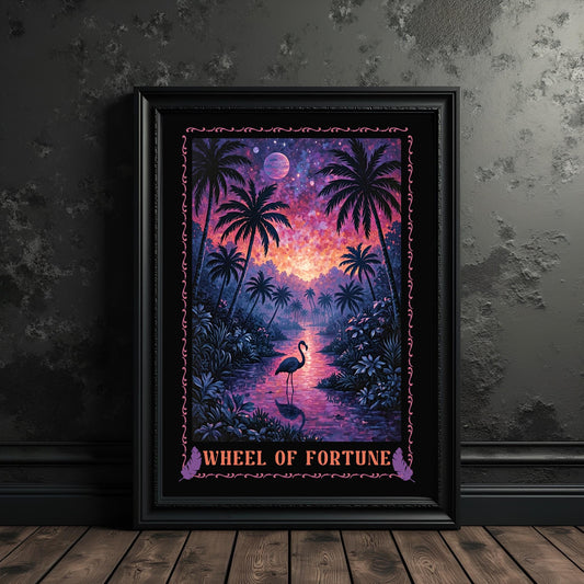 Wheel of Fortune Flamingo Tarot Card Art Print: Tropical Goth Decor