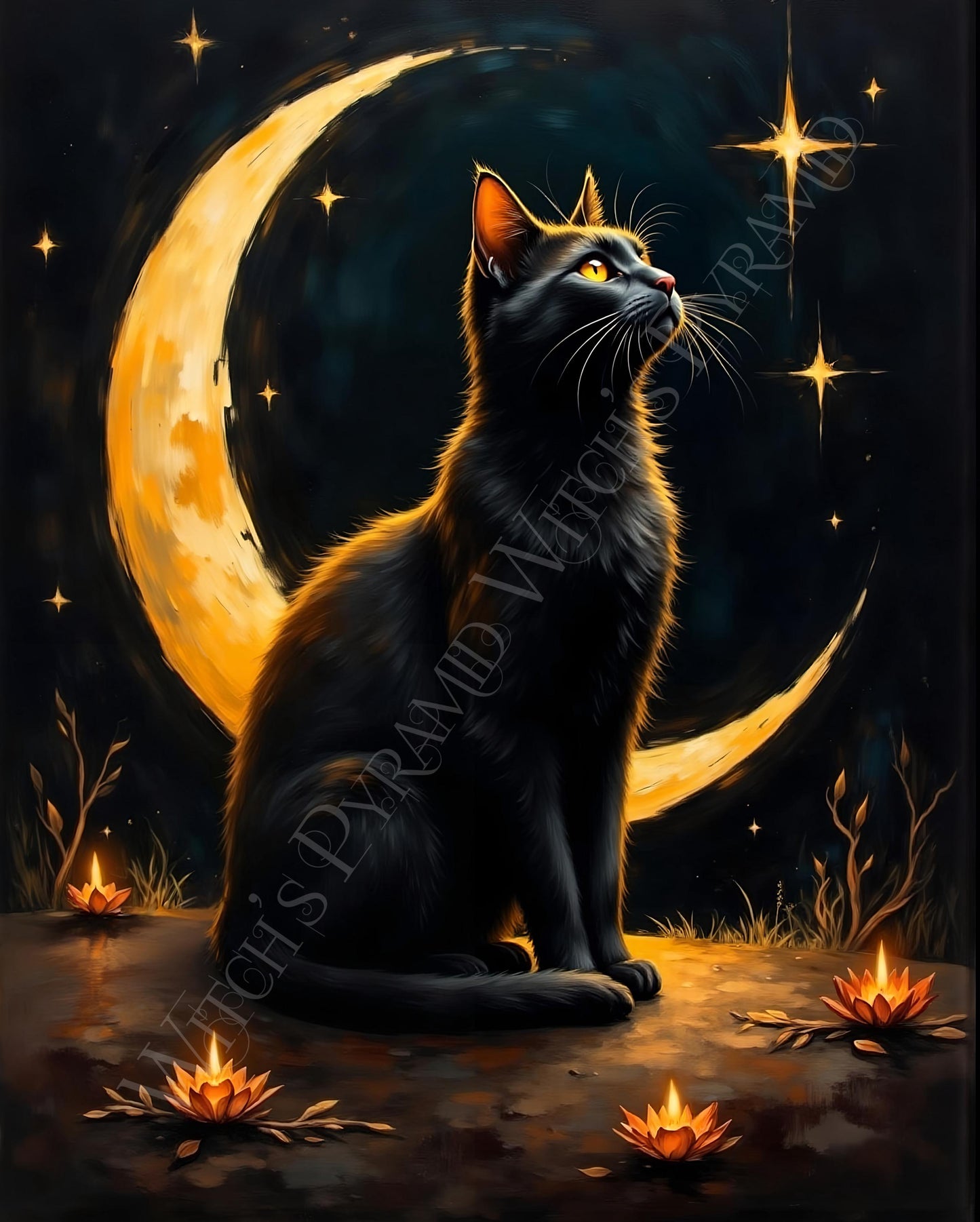 Black Cat Crescent Moon Art Print: Witchy Gothic Wall Decor