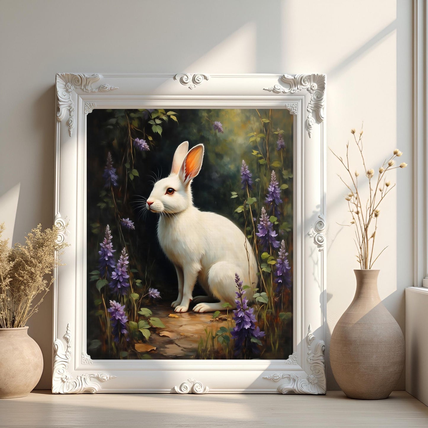 White Rabbit with Lavender Print: Dark Academia Bunny Wall Art