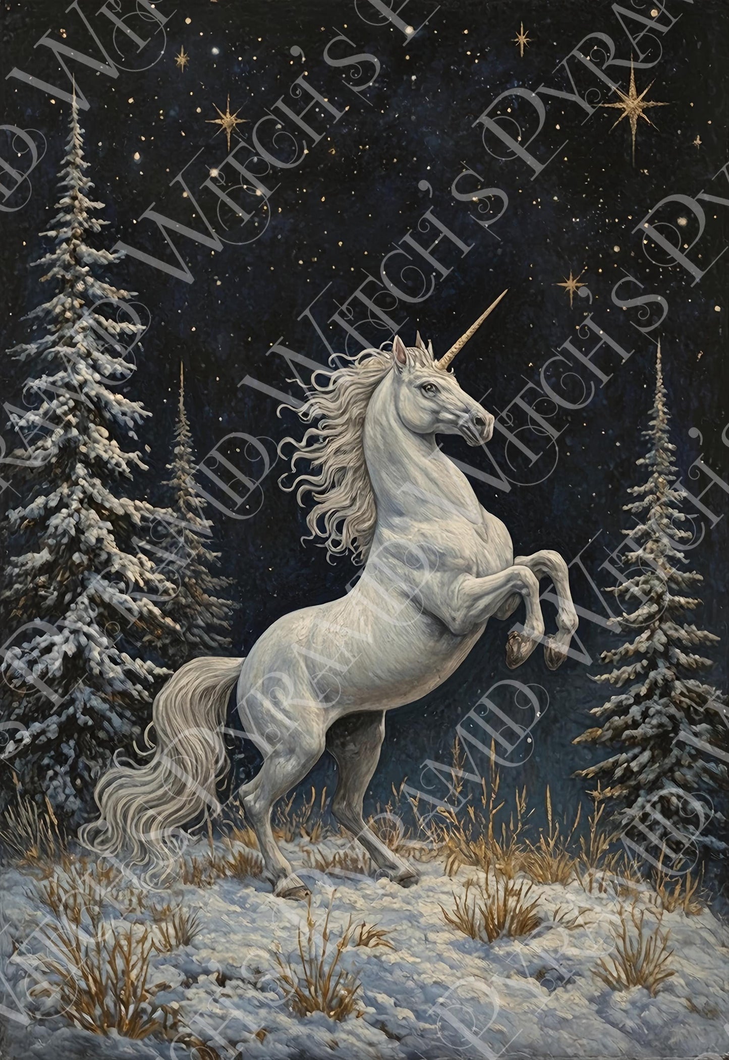 White Unicorn in a Snowy Pine Meadow Art Print: Winter Decor For Unicorn Lovers