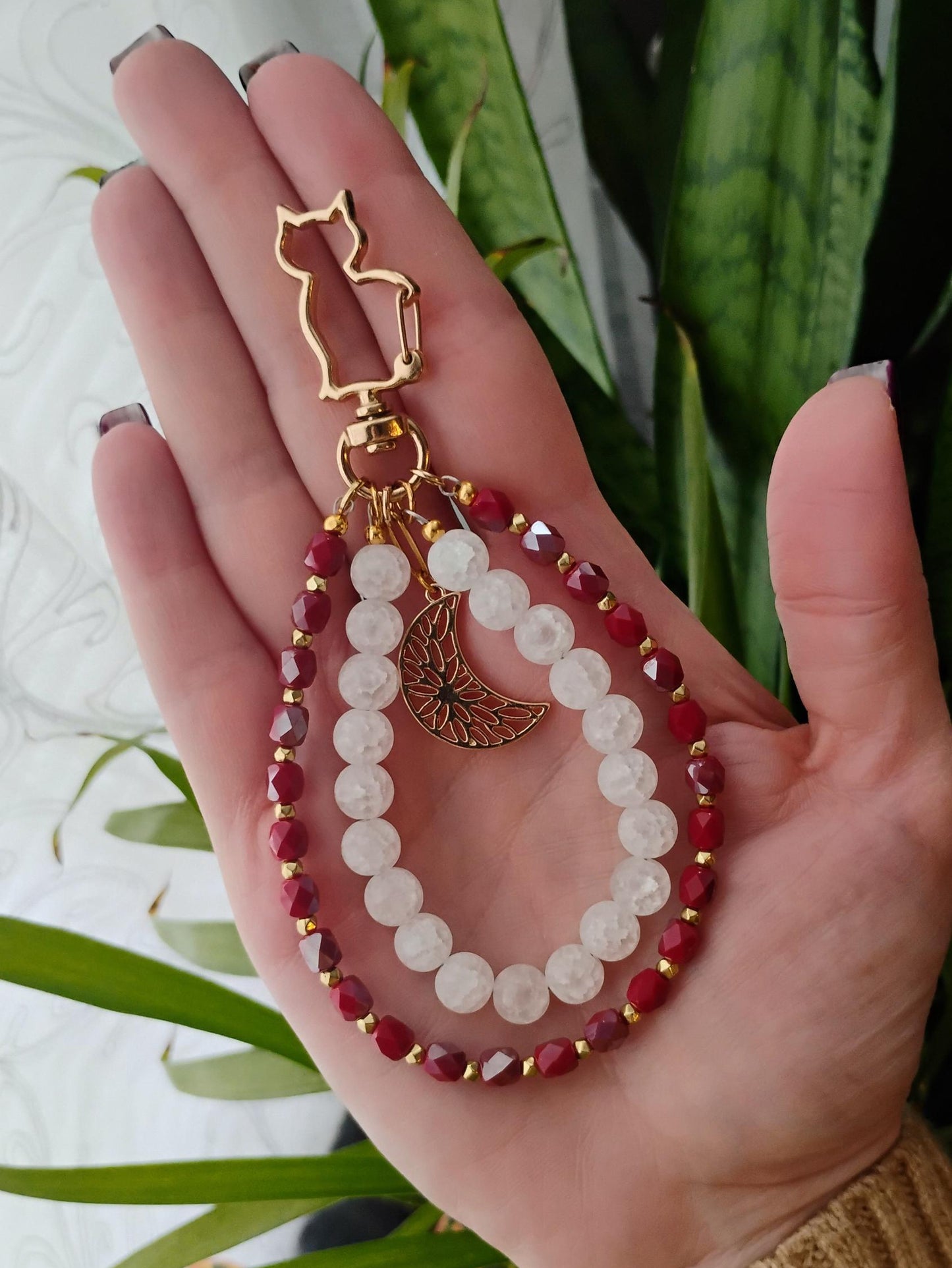 Red & White Cat Bag Charm Purse Jewelry, Crackle Quartz Keychain