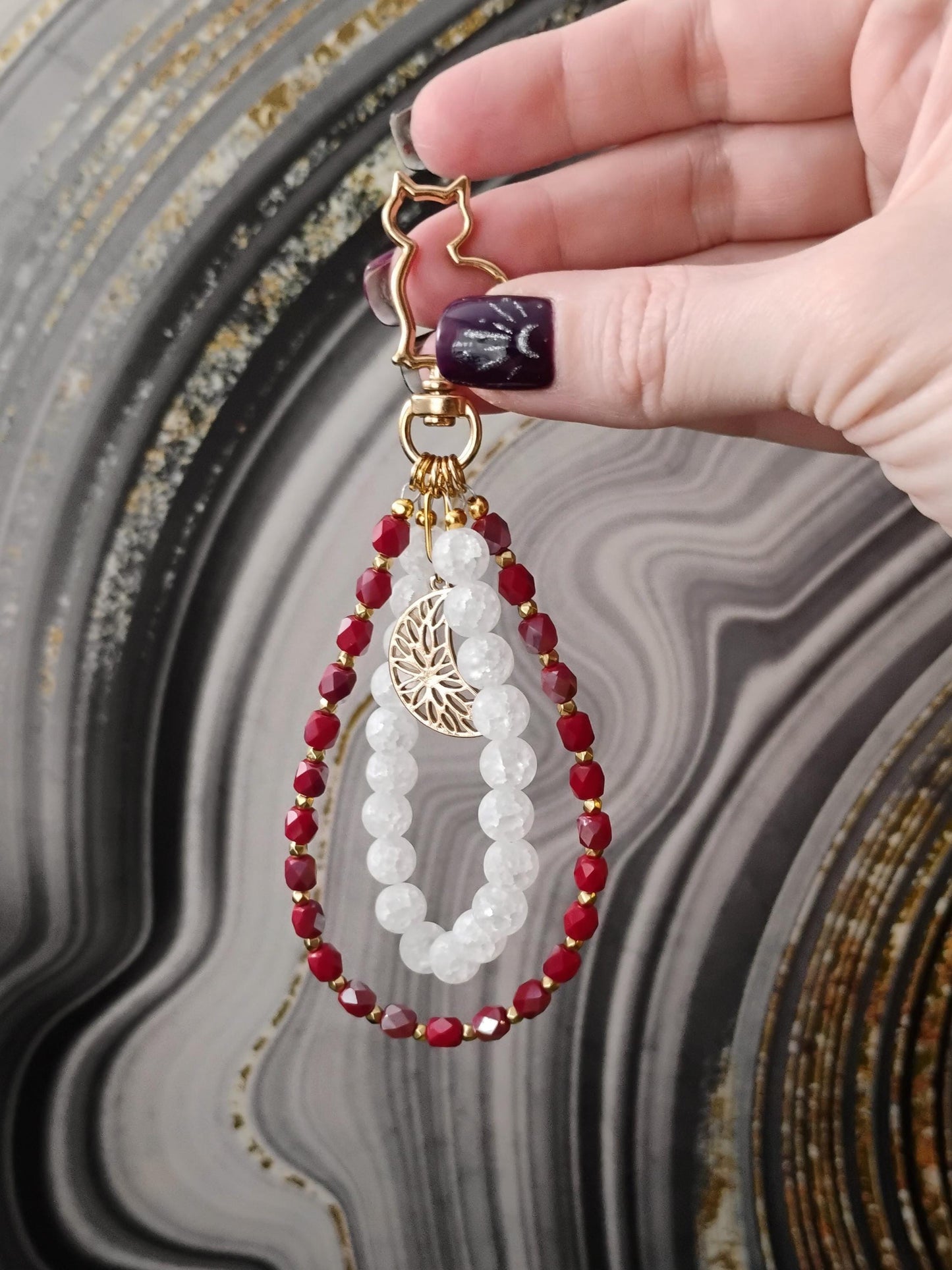 Red & White Cat Bag Charm Purse Jewelry, Crackle Quartz Keychain