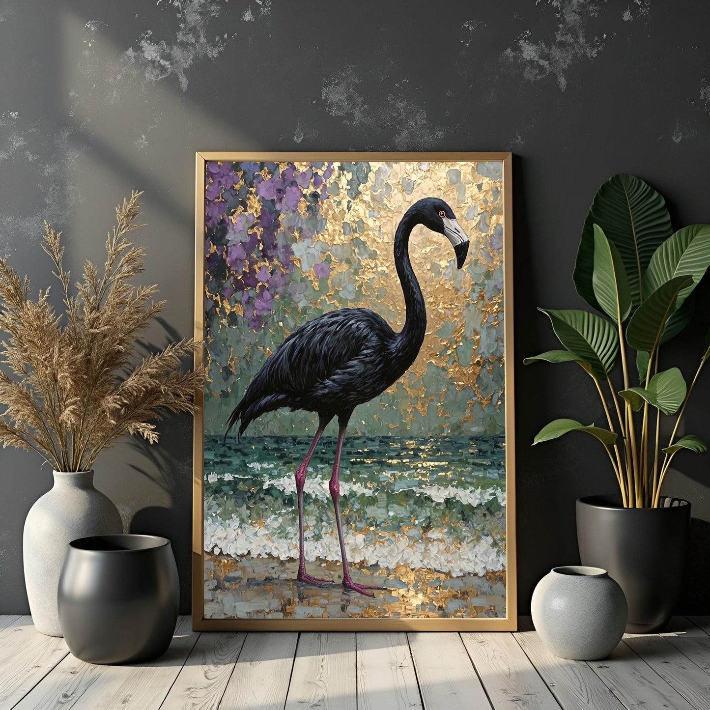 Black Flamingo Abstract Art Print: Purple, Green & Gold Tropical Decor