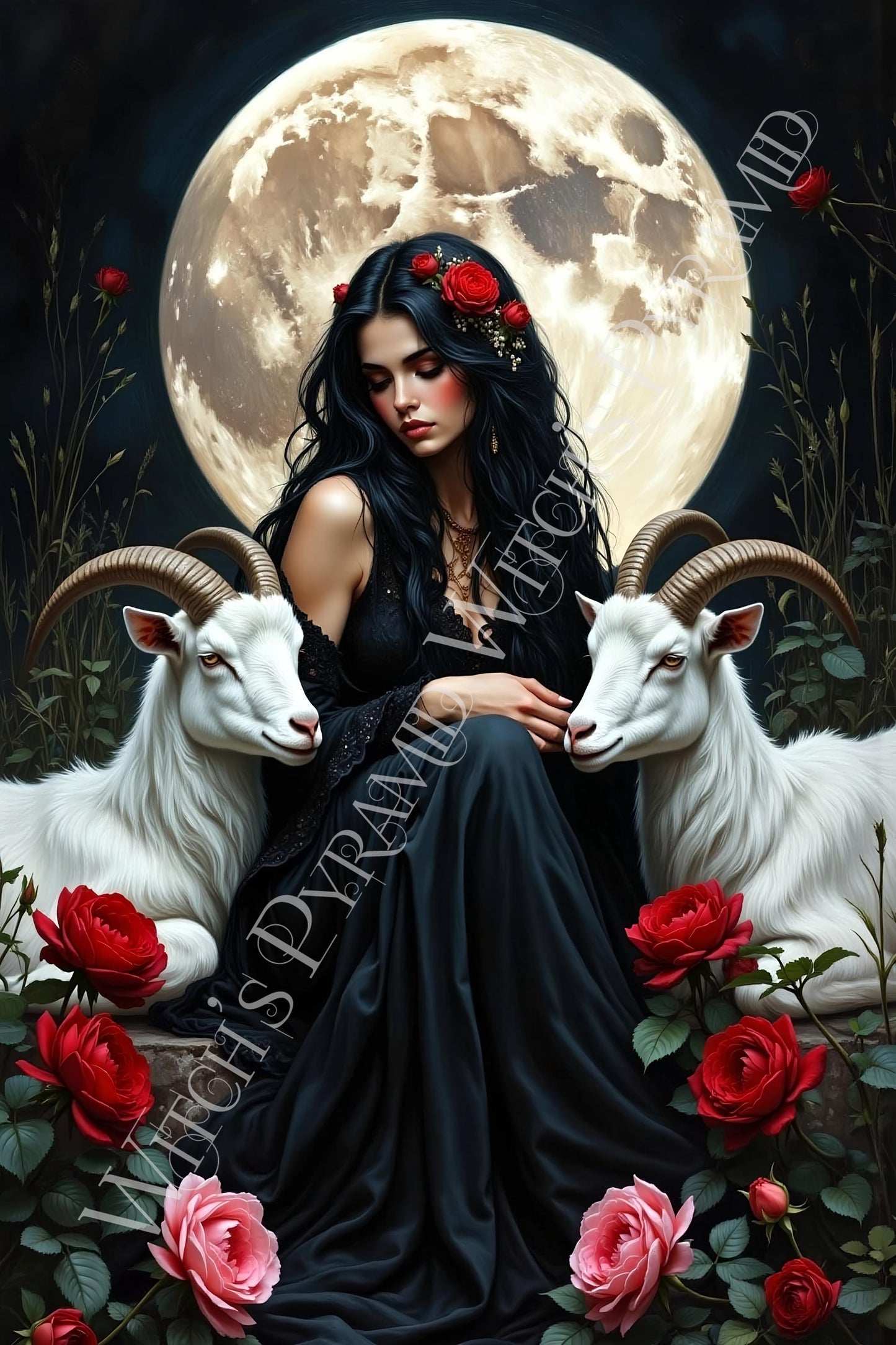 Gothic Woman with Goats Art Print: Alternative Goth, Dark Academia Decor