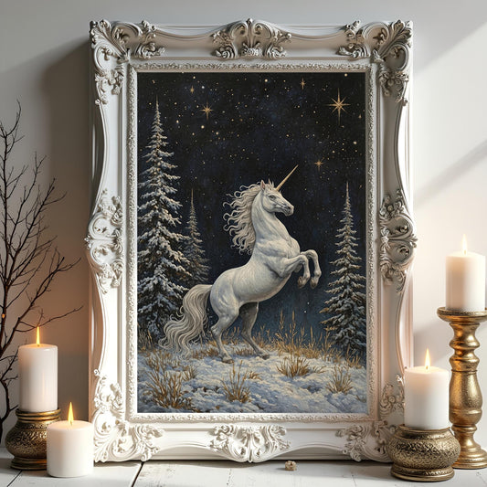White Unicorn in a Snowy Pine Meadow Art Print: Winter Decor For Unicorn Lovers
