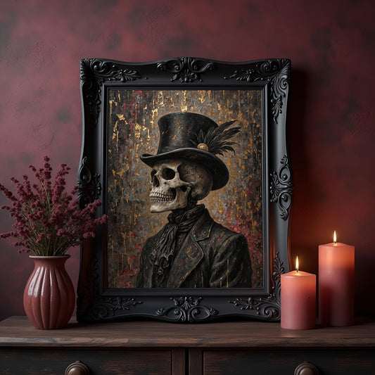 Skeleton Wearing a Top Hat Art Print: Victorian Gothic Macabre Decor
