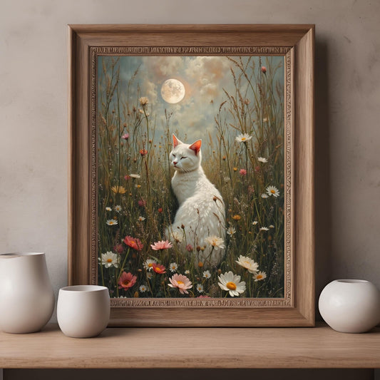White Cat Art Print: Boho Floral Wall Hanging