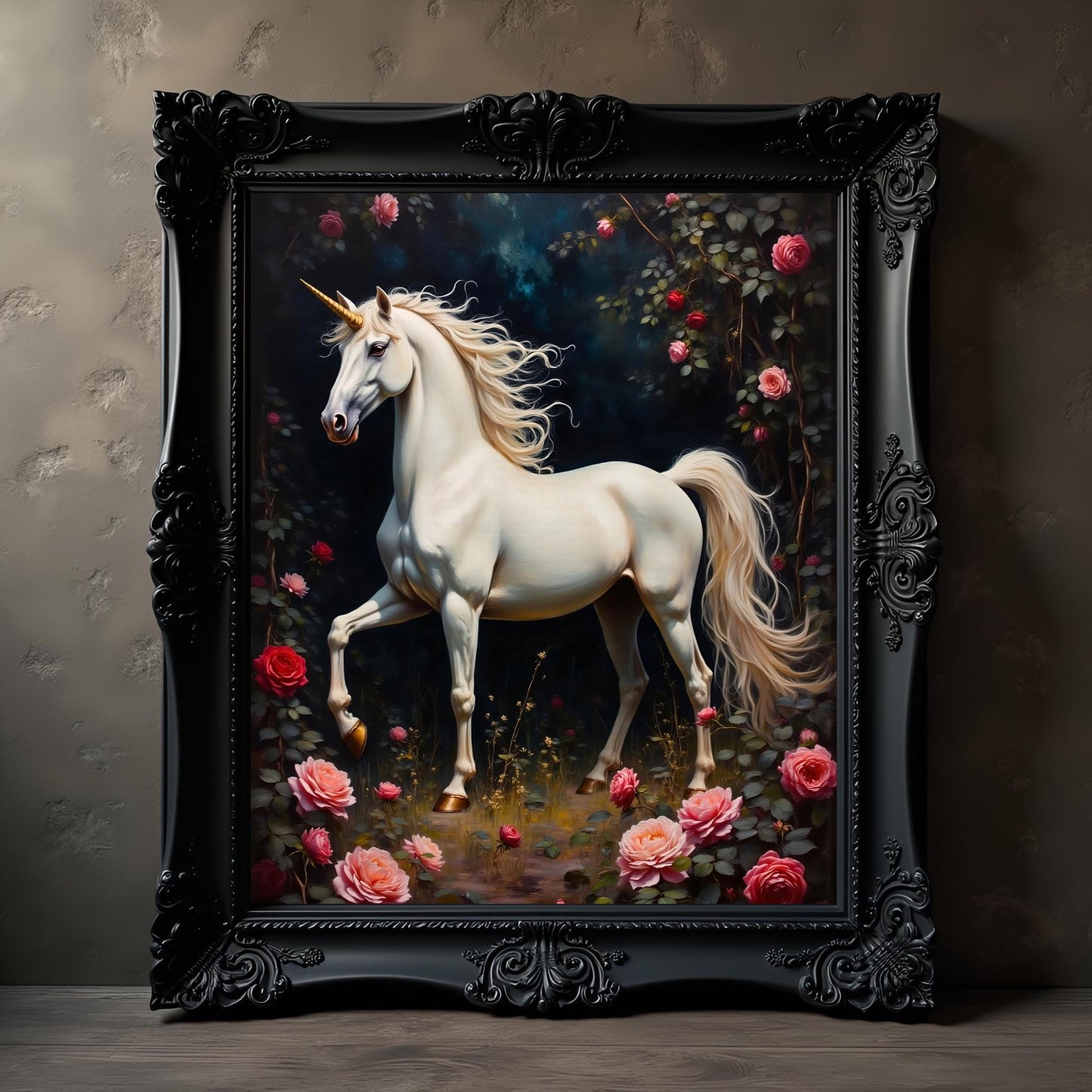 White Unicorn Floral Artwork: Victorian Fantasy Home Decor Print
