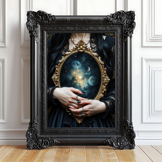 Cosmic Reflections Art Print: Dark Academia Celestial Gothic Decor