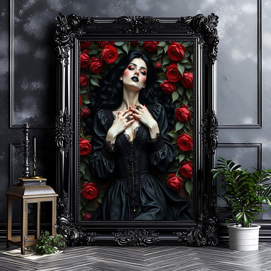 Gothic Woman in Red Roses Art Print: Goth Alternative Decor