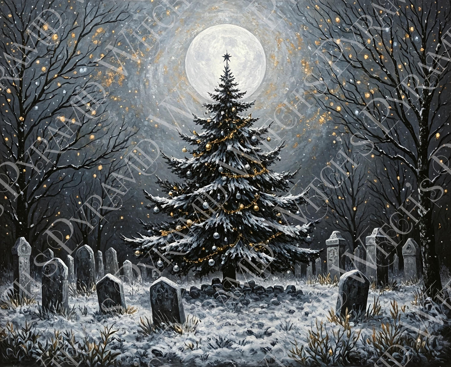 Gothic Graveyard Christmas Tree Print: Dark Yule, Holiday Decor