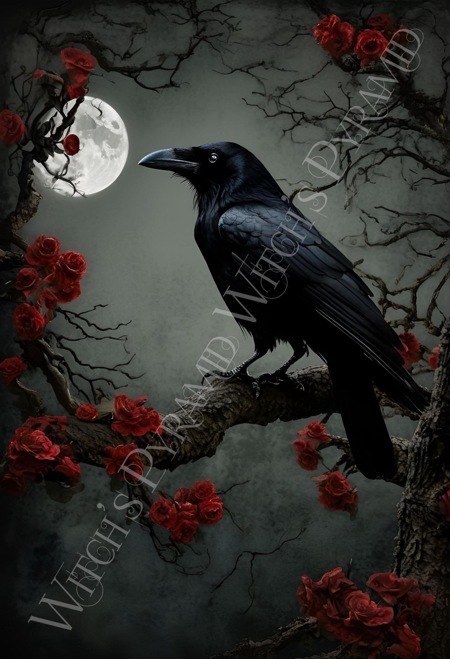 Gothic Crow & Moon Print: Dark Victorian Wall Art, Witchy Decor