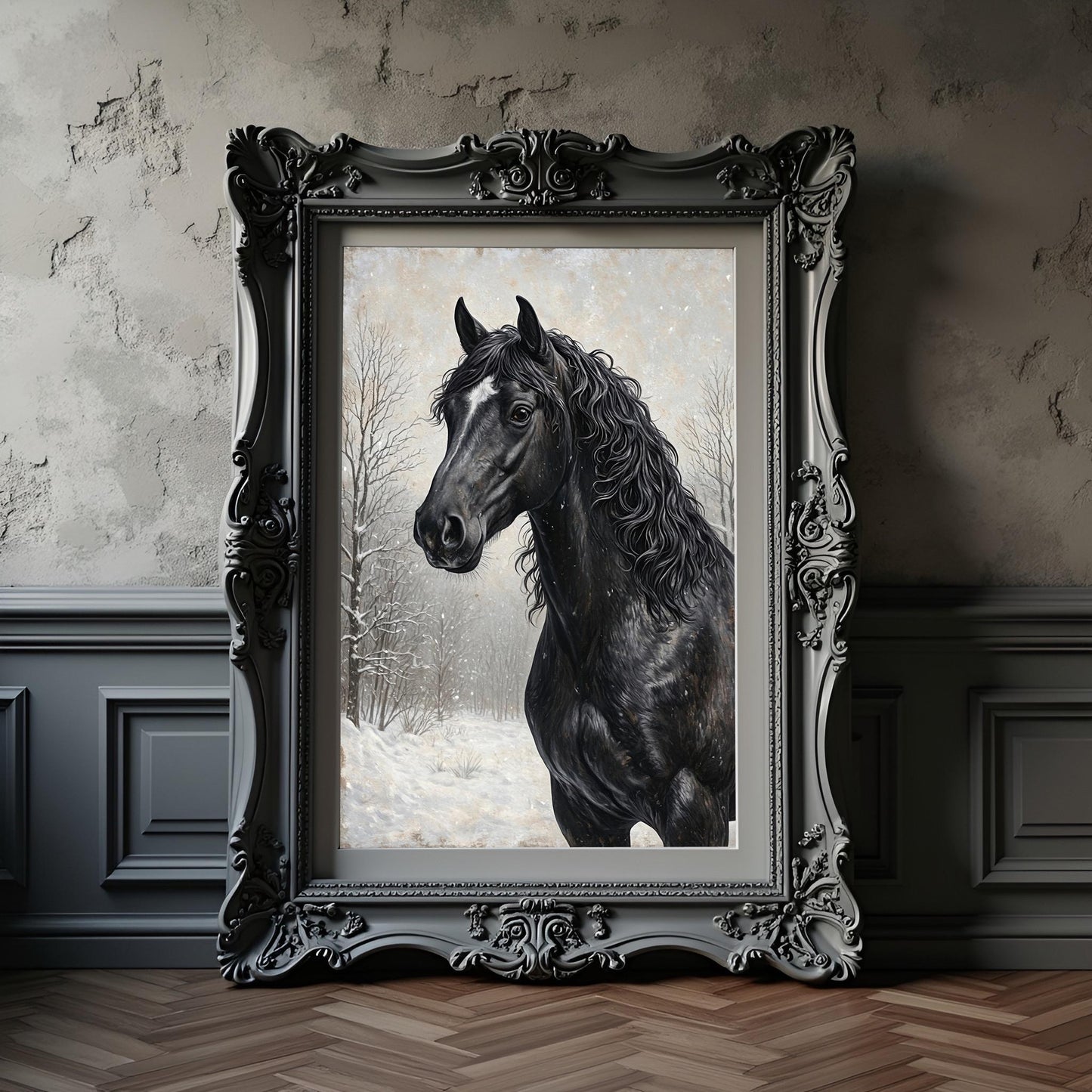 Black Horse Portrait Art Print: Winter Snow Scene