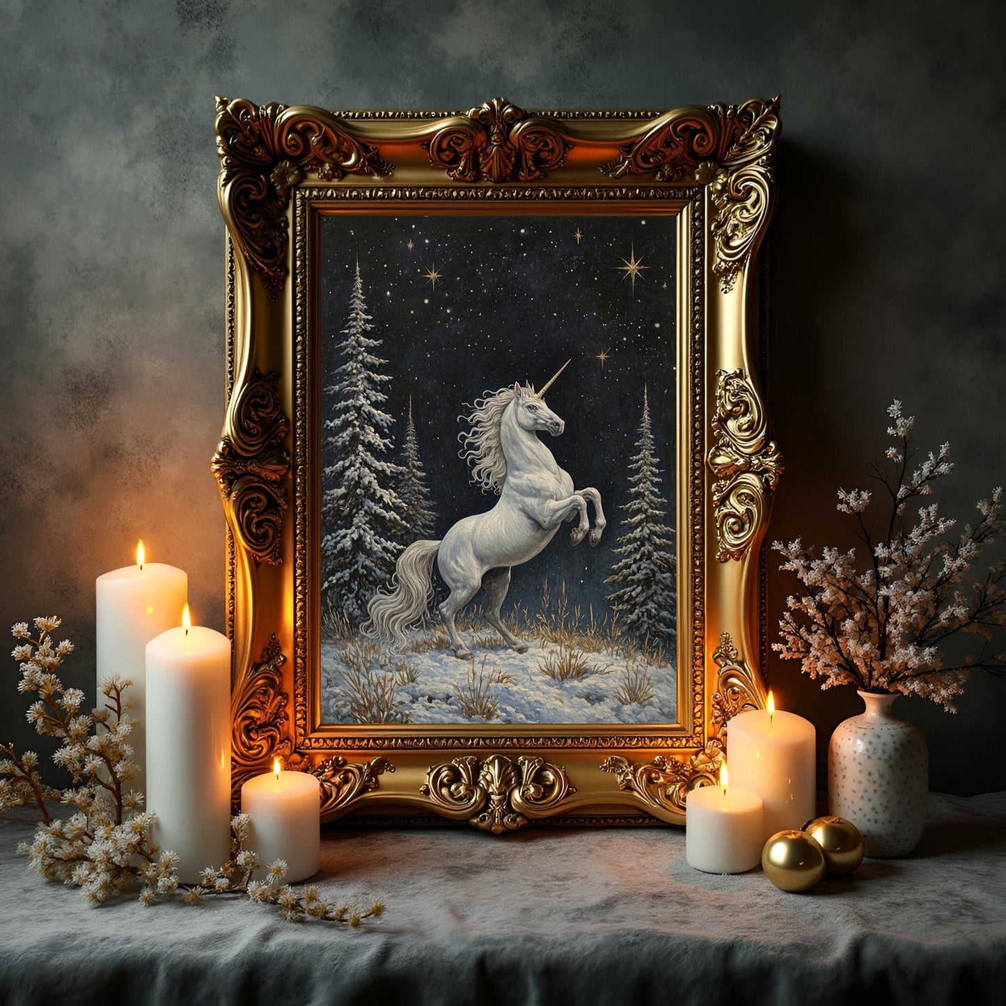 White Unicorn in a Snowy Pine Meadow Art Print: Winter Decor For Unicorn Lovers