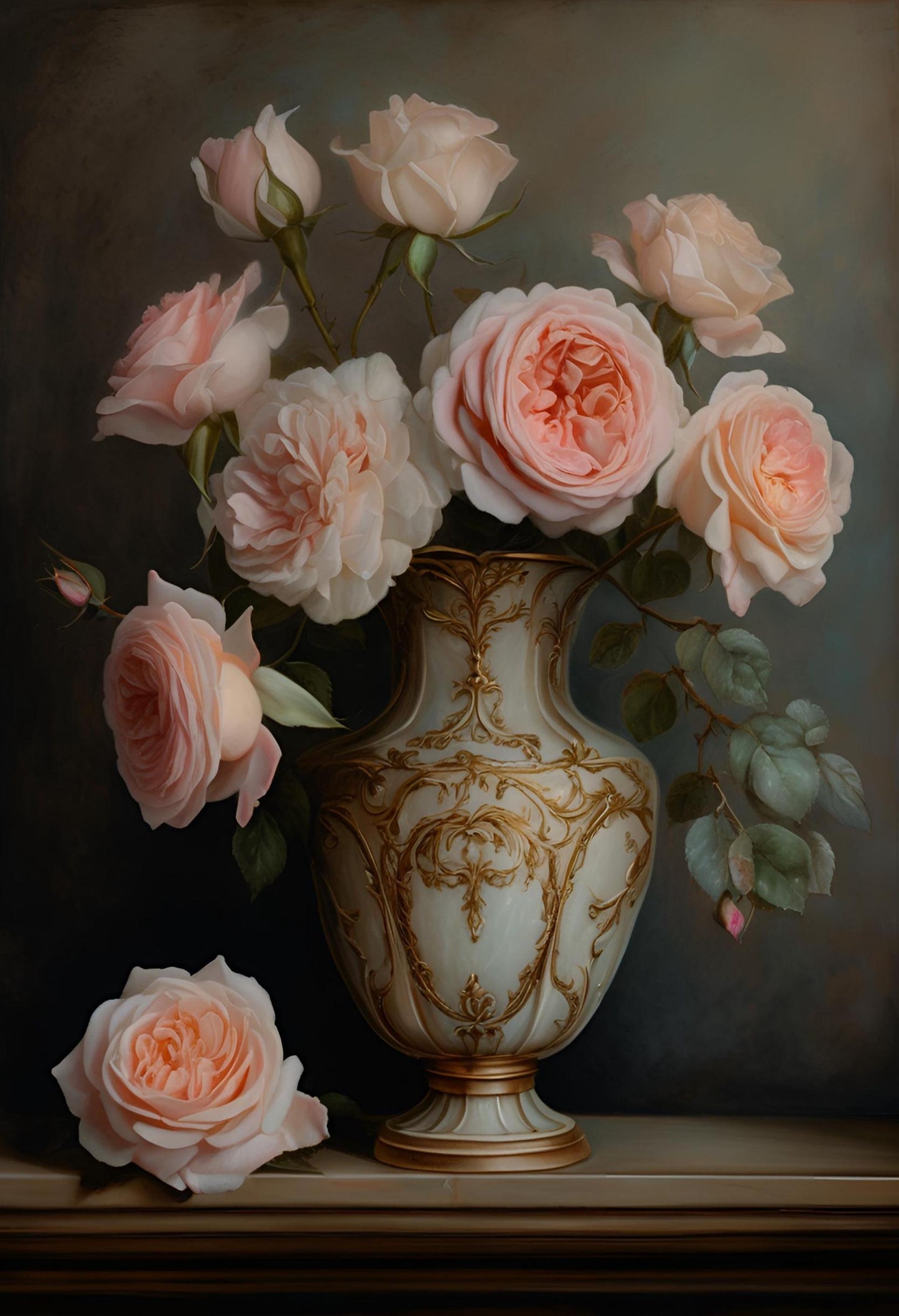Peach Rose Still Life Art Print: French Rococo Wall Hanging