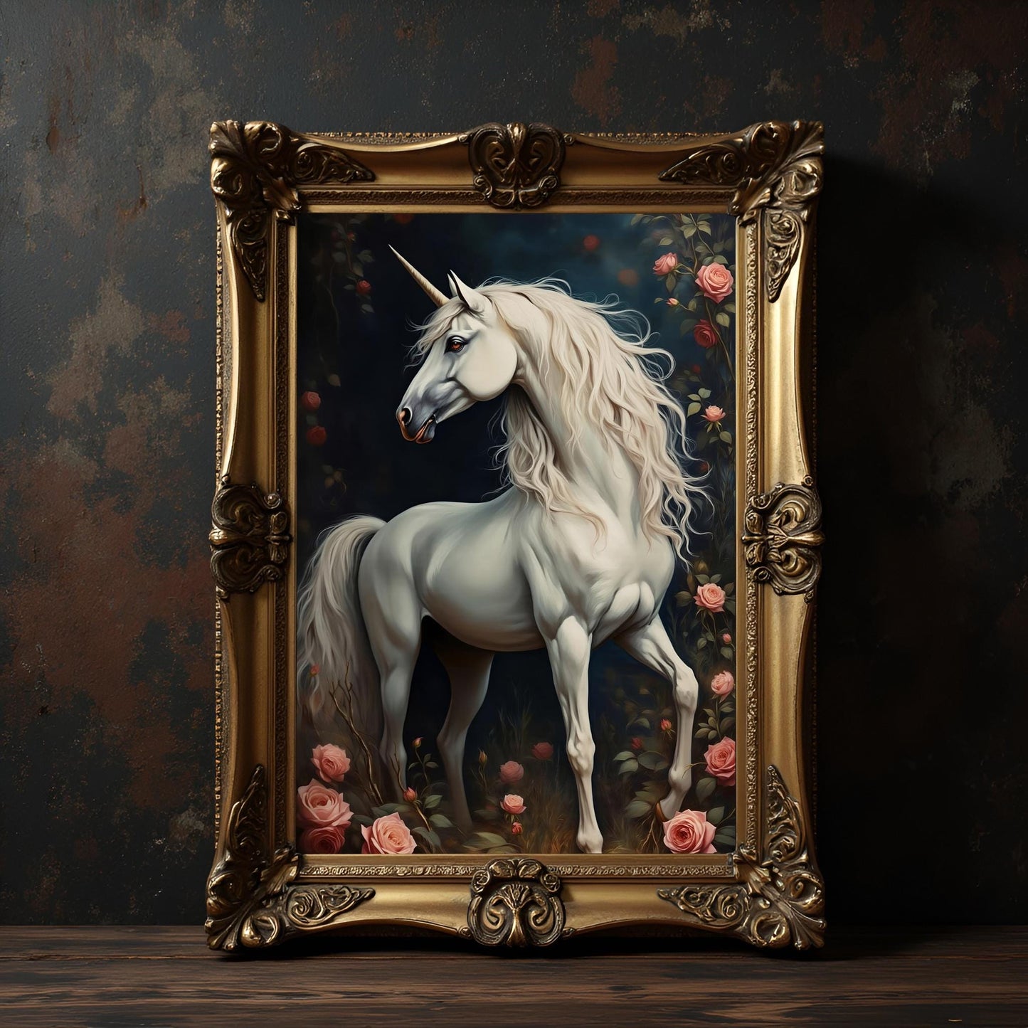White Unicorn Floral Artwork: Fantasy Home Decor Print