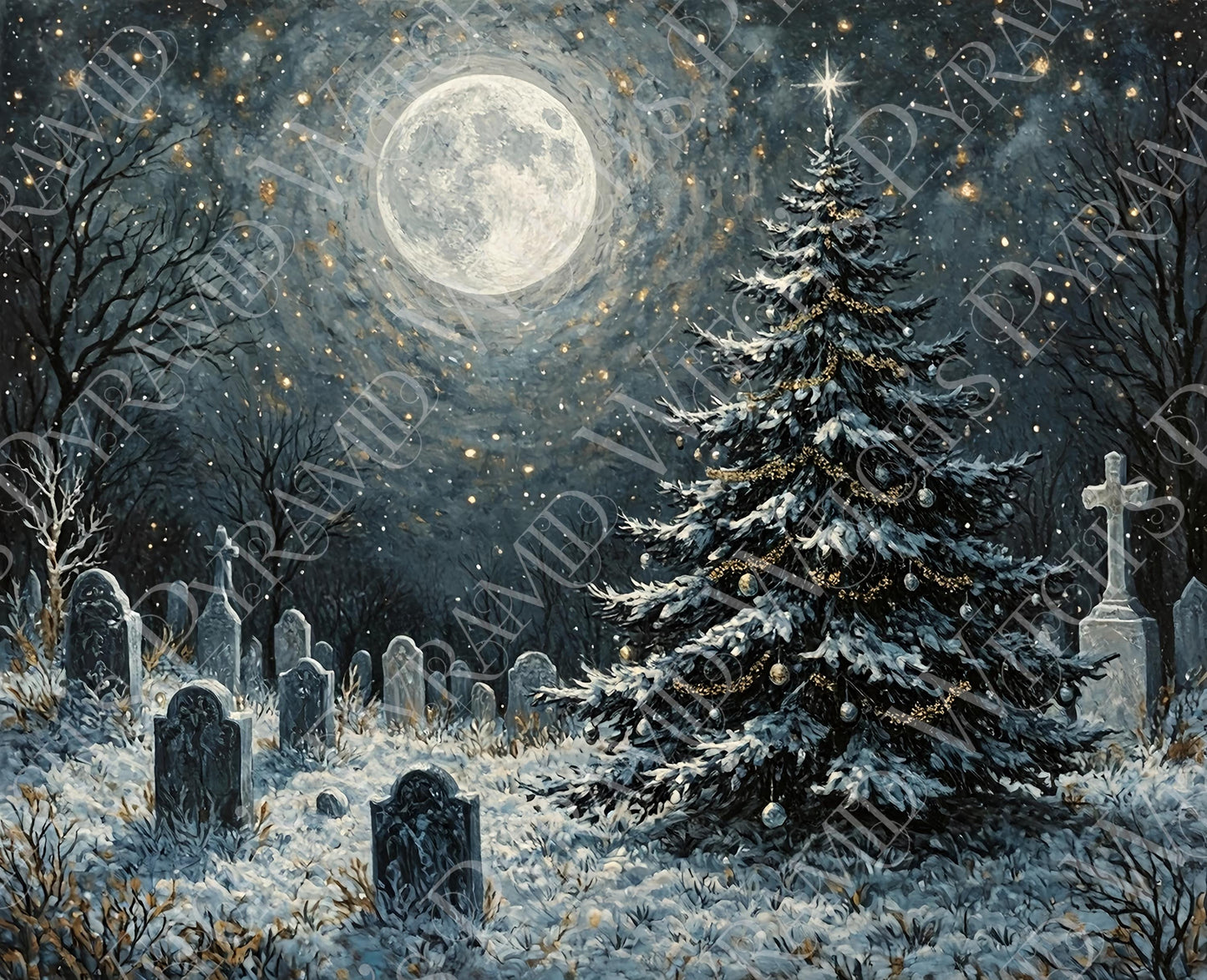 Gothic Graveyard Christmas Tree Print: Dark Yule, Holiday Decor